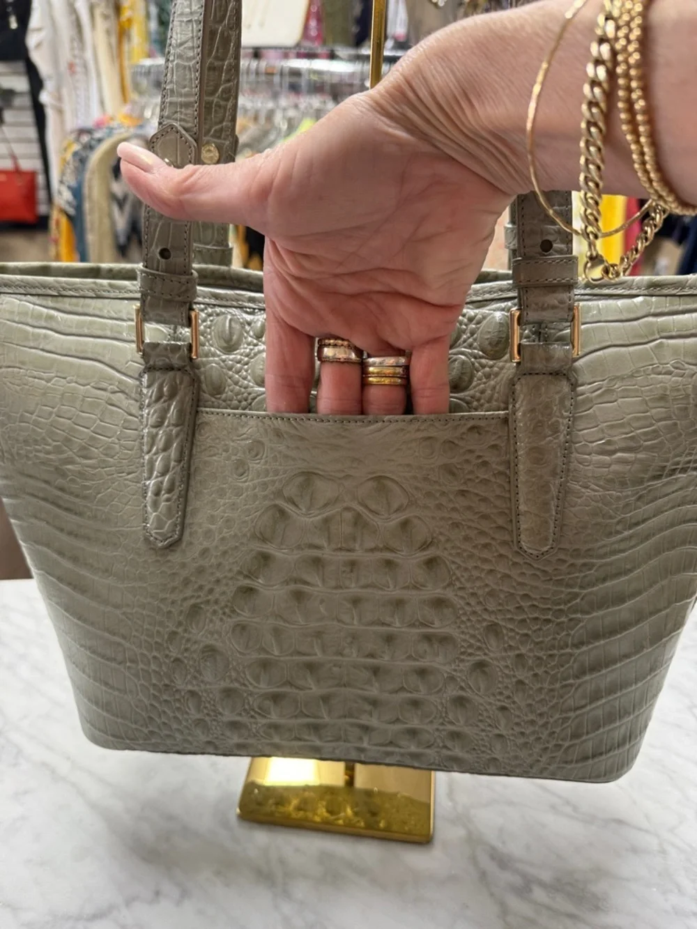 Brahmin Medium Asher Tote Embossed Croc Leather Sage and Tarama Two Tone